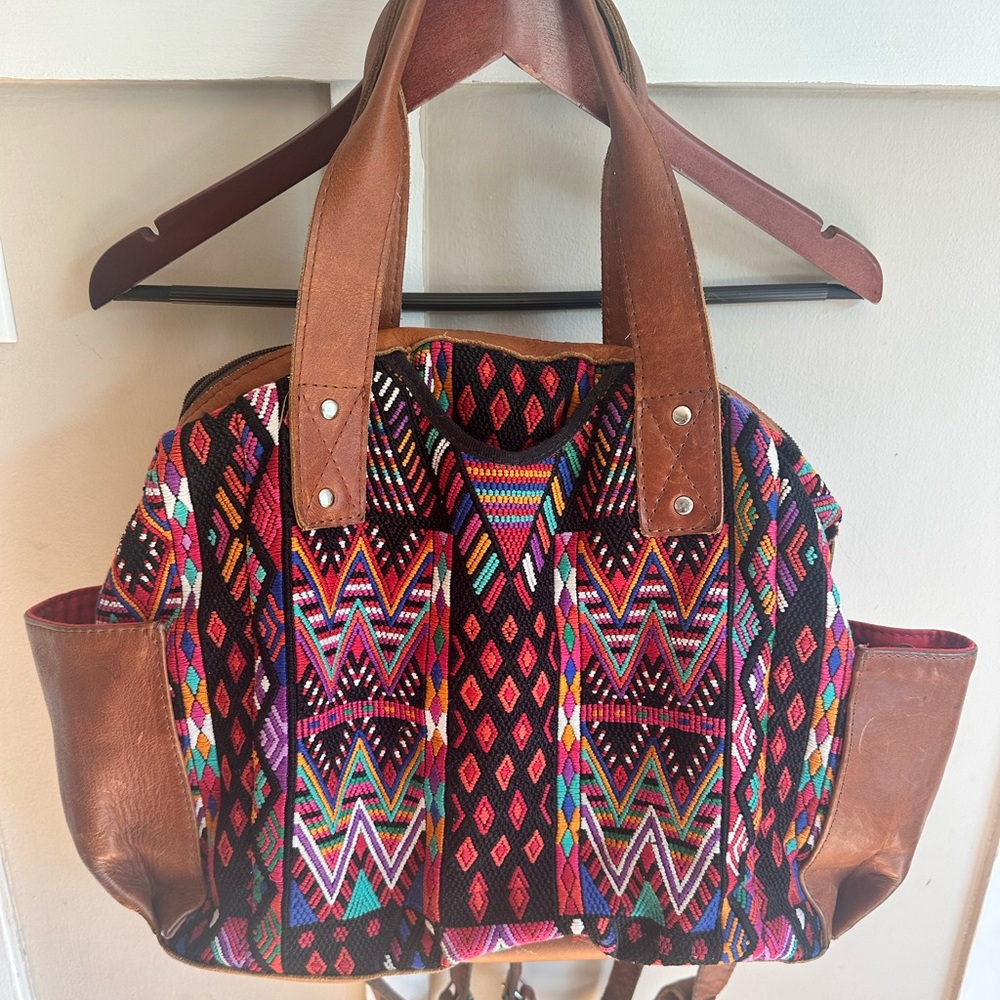Nena & Co. Multicolor Boho Jacquard Tote with Brown Leather Trim